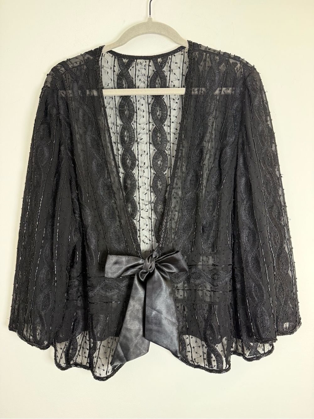 Vintage Sheer Black Lace Beaded Jacket with Satin Tie